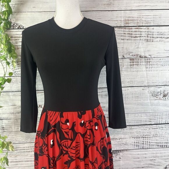Kamalikulture Dress sz Small Black Red Floral Stretch Knee Modest Career Church - Picture 5 of 16